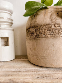 These authentic pots are unique antique pieces dating back approximately 50 years. They have a beautiful raw earthy feel and are a stunning piece whether left empty or filled with your favourite dried florals on a coffee table, bench-top, shelf or console.  Raw Indian rustic farmhouse decor, indian wooden pot planter, sale now on