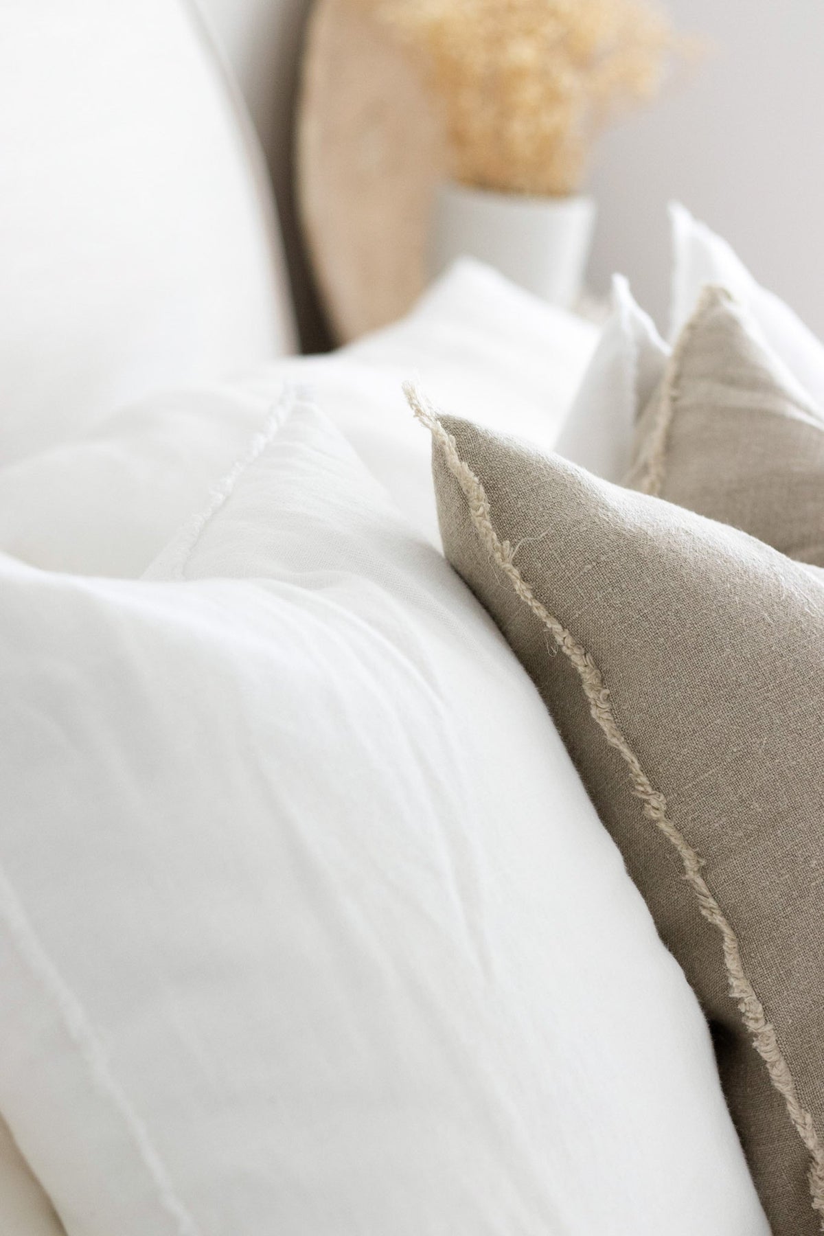 Thick heavy Linen Cushion cover 350gsm, white linen cushion cover with raw or embroidered edging. Stonewashed white quality linen available in neutral shades. White linen throwrug and cushions, Australia
