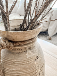 These authentic pots are unique antique pieces dating back approximately 50 years. Each one complete with a beautiful raw earthy aesthetic, a bleached finish & a thick braided Jute handle. Display these treasures empty or fill with your favourite dried florals. Each with a history & story of its own, these one of a kind pieces come with perfect imperfections adding to their rustic appearance. Rustic indian wooden decor. vintage antique farmhouse homewares australia, sale now on