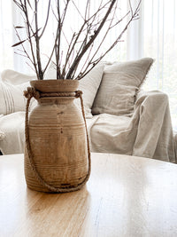 These authentic pots are unique antique pieces dating back approximately 50 years. Each one complete with a beautiful raw earthy aesthetic, a bleached finish & a thick braided Jute handle. Display these treasures empty or fill with your favourite dried florals. Each with a history & story of its own, these one of a kind pieces come with perfect imperfections adding to their rustic appearance. Rustic indian wooden decor. vintage antique farmhouse homewares australia, sale now on