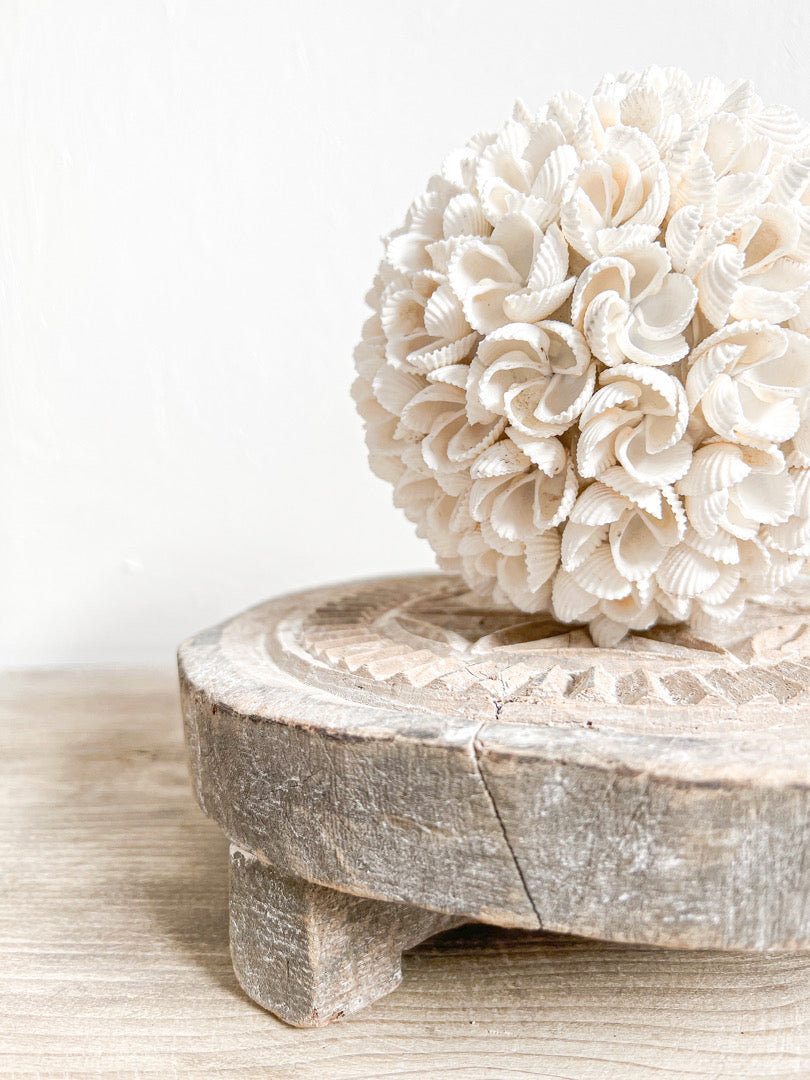 These authentic vintage bleached & hand carved plates are unique antique pieces and each around 50 years old. They have a beautiful raw earthiness to them and look amazing either empty or topped with decor on a coffee table, shelf or console to level up your styling.  Add a piece of rustic vintage beauty to your space, each with a history & story of its own. These hand carved, one of a kind pieces come with perfect imperfections which only adds to their charm & aesthetic.  