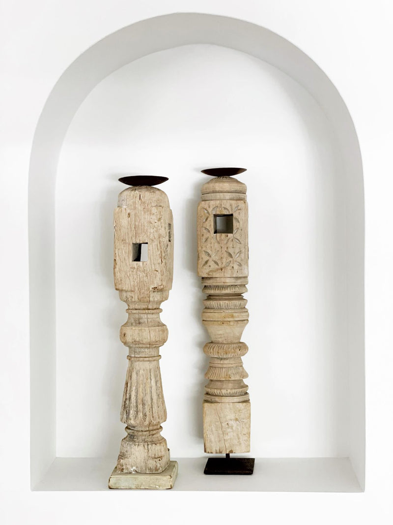 These vintage Candle pillars are made from old Indian furniture pieces & have been repurposed into bespoke candle stands adding character and culture to your home. They have a beautiful raw earthiness to them and