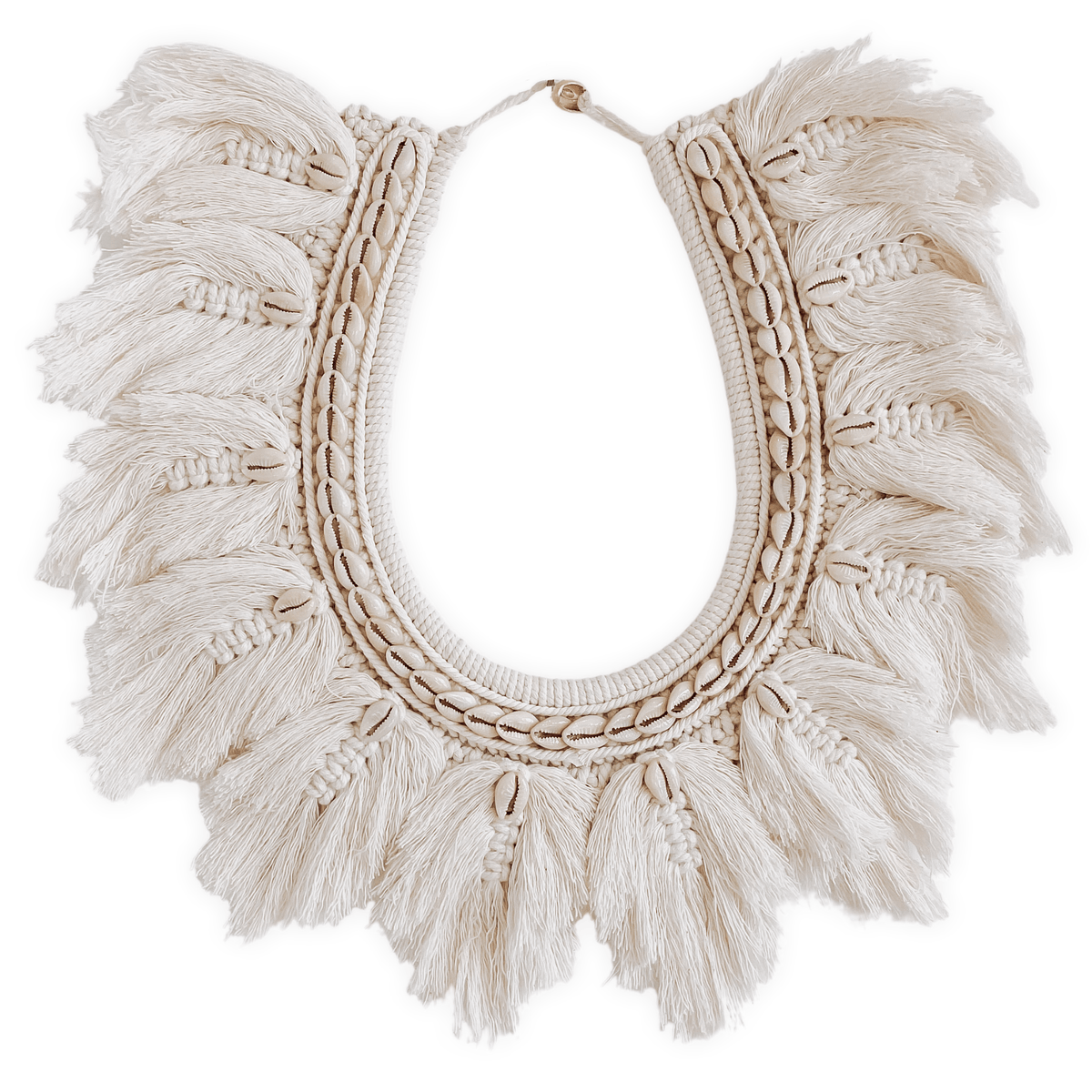 Inspired by a traditional tribal necklace but with the soft bohemian touch of macrame, the Myah hanging is a stunning piece full of neutral feminine texture. Consisting of twelve hand woven feathered macrame leaves in their natural relaxed state & cowrie shell detail