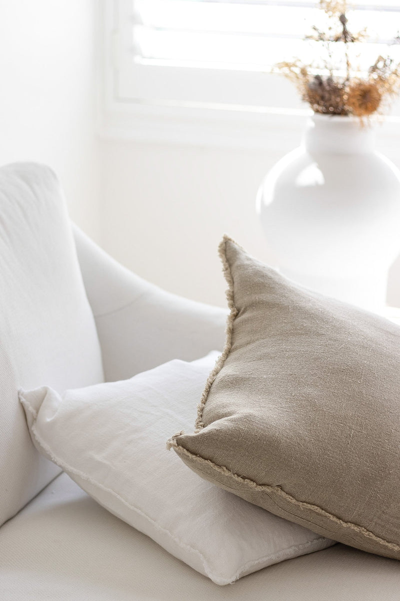 Thick heavy Linen Cushion cover 350gsm, white linen cushion cover with raw or embroidered edging. Stonewashed white quality linen available in neutral shades. White linen throwrug and cushions, Australia