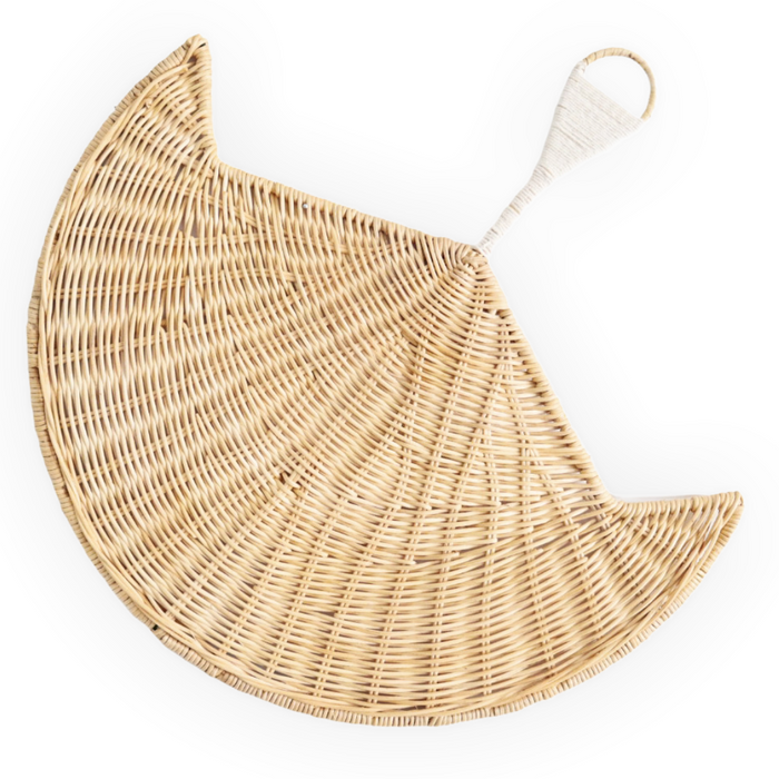 A beautifully handwoven quality rattan fan shaped wall Hanging generously sized and perfect for filling that empty wall space. Unlike common palm leaf variations typically used for their versatile & bendable body, this piece has been made with furniture grade rattan, is not flexible & is specifically designed for use as a wall hanging or styling accessory.