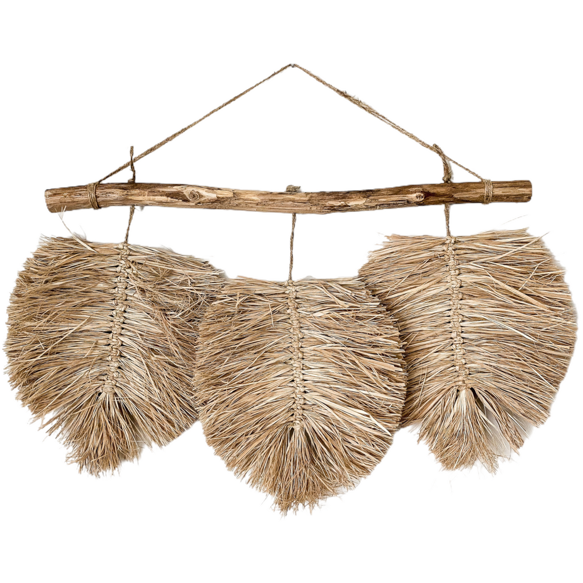 A trio of hand braided raffia leaves hang from a natural driftwood piece found by the coast & completed with a Jute hanger. This hanging is ideal for those who love raw texture & the feel of natural materials in their home.  Hang from your favourite hook, or simply mount on the wall, the Laos design will create a textural statement while adding rustic coastal elements to your space.   
